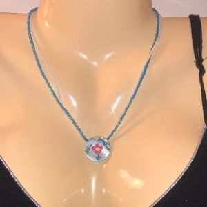 Handmade Floral Mother of Pearl Pendant Beaded Necklace Blue White Festival